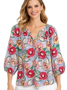 Crown & Ivy Floral Puff Sleeve Split Neck Blouse Blue Pink L
T